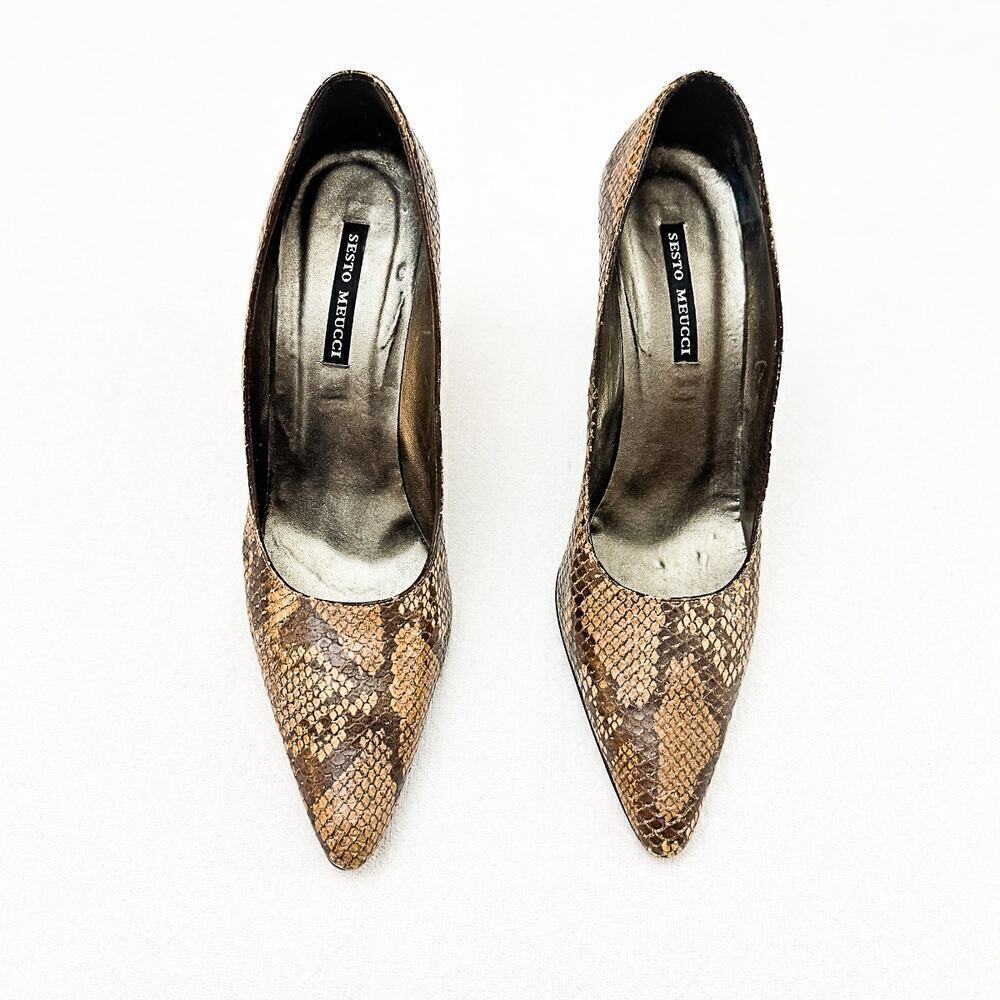 Sesto Meucci Snakeskin Lather Pointy Toe Heels Nude Brown Size 10